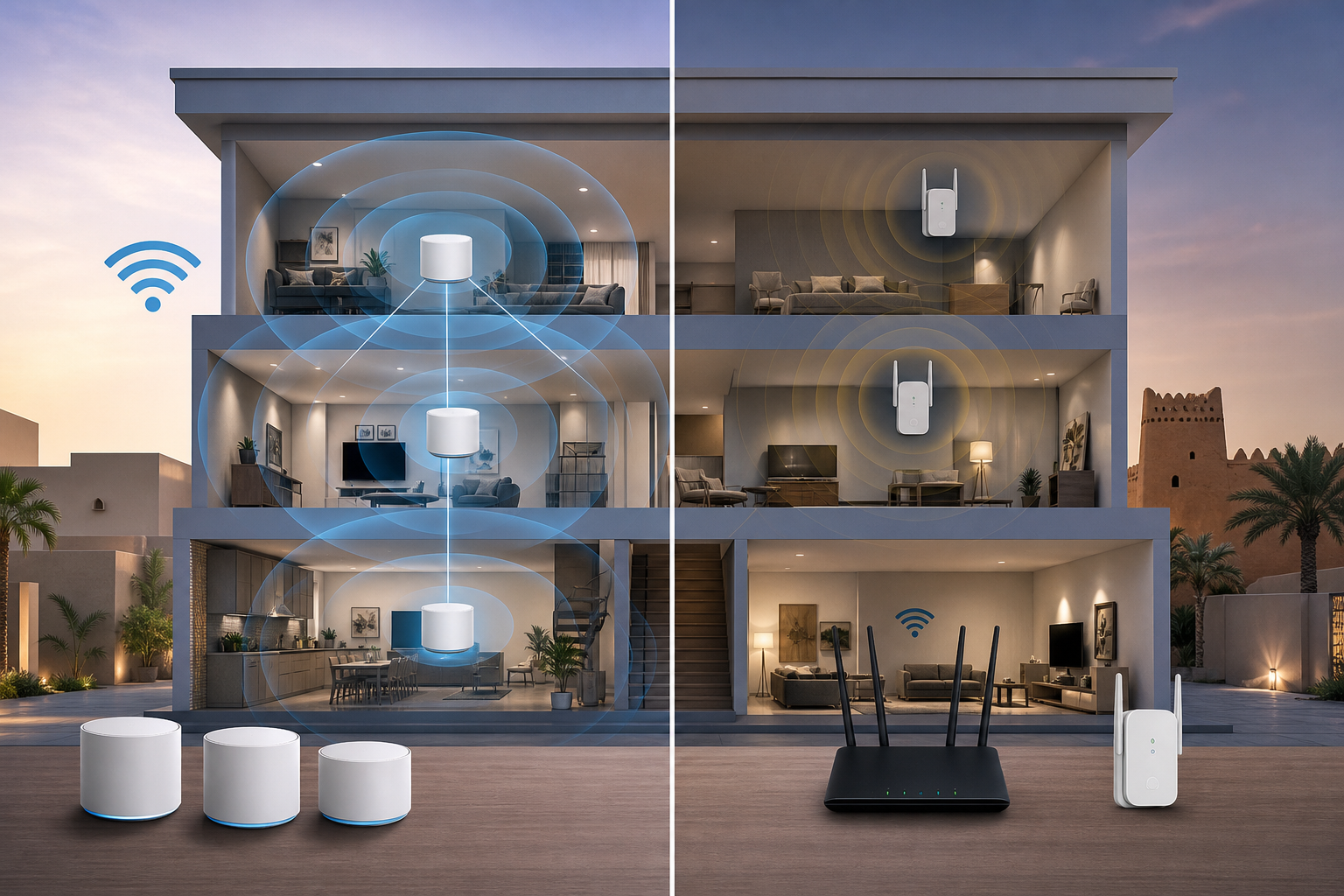 Mesh Wi‑Fi أم مقوي شبكة؟ الحل الصحيح لبيت سعودي من دورين أو ثلاثة